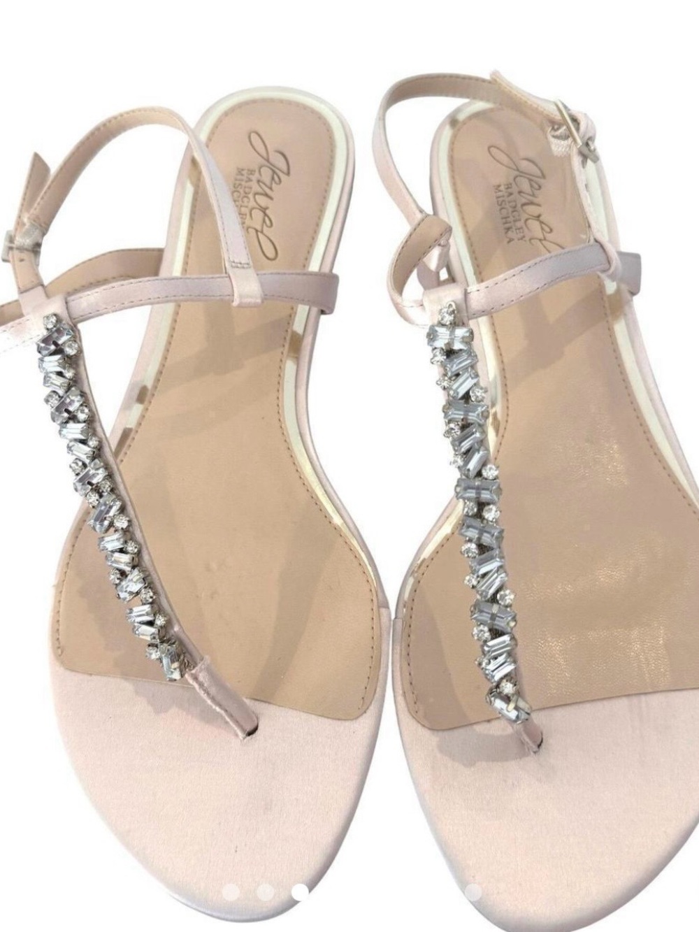 Jewel Badgley Mischka Silver and Tan Jeweled T-Strap Sandals